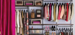 Dark-shelves-with-shoes-rack-and-drawers-in-closet-ideas-with-magenta-pink-curtains-for-divider-or-cover-with-pretty-chair-and-dark-wooden-floor